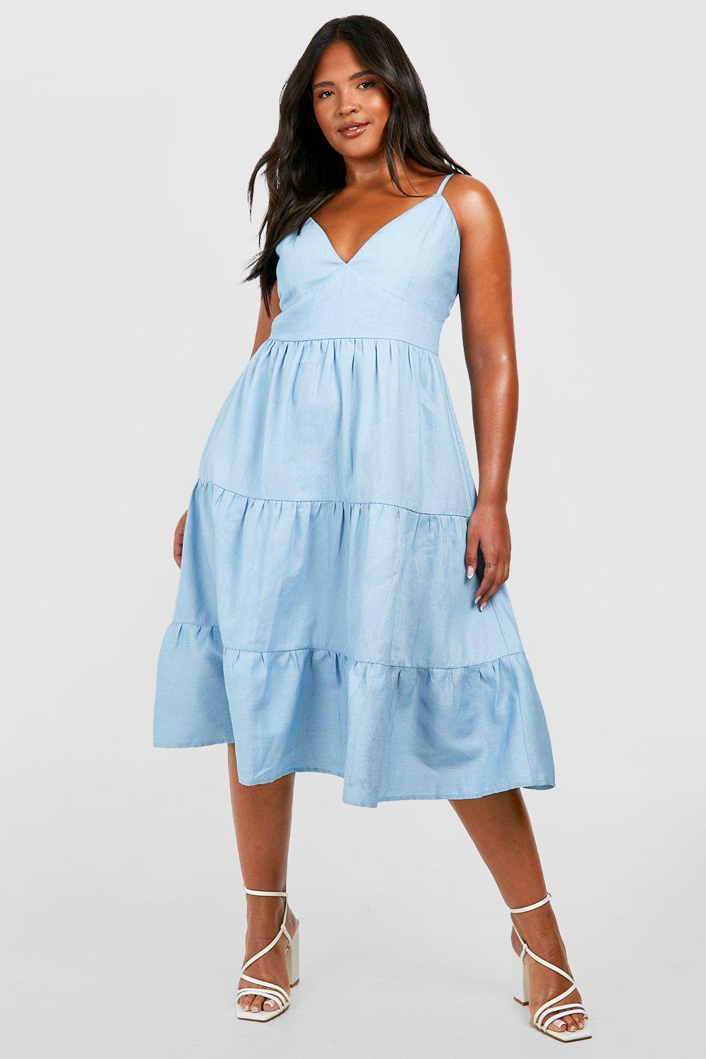 Plus Chambray V Neck Tiered Midi Dress | Boohoo USA